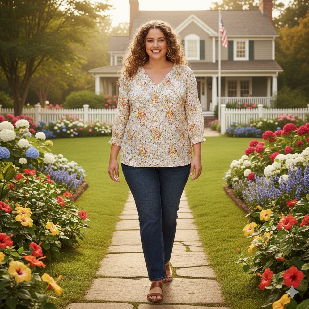 SIZE LARGE Jones New York Women’s Boho Floral Top With Three Quarter Sleeves